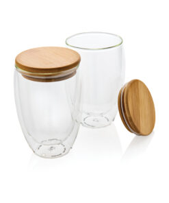 2-tlg Set Borosilikatgläser mit Bambusdeckel 350ml