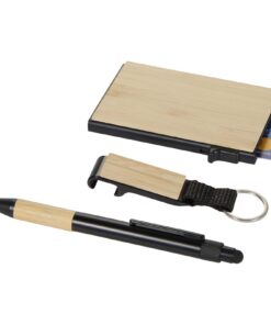 Minka Set mit Kugelschreiber aus RCS Recycling-Aluminium, Schlüsselanhänger und RFID-Kartenhalter natur / schwarz 12 10633706 E3