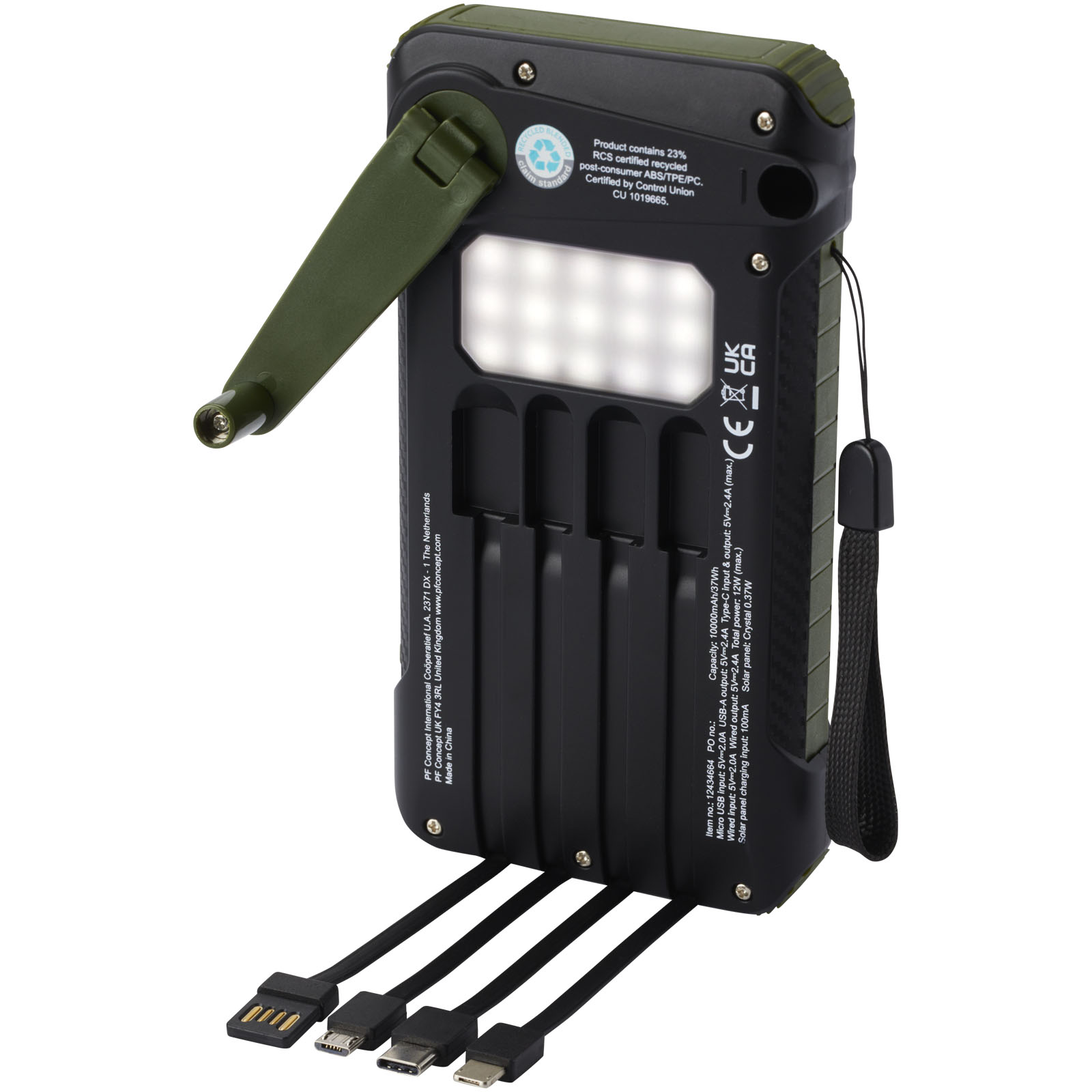 Soldy 10.000 mAh Solardynamo-Powerbank aus recyceltem GRS Kunststoff armeegrün 6 Soldy 10.000 mAh Solardynamo-Powerbank aus recyceltem GRS Kunststoff armeegrün – Bild 4