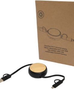 Home 37 Chechia 100cm 5-in-1 Kabel aus recyceltem Kunststoff, einziehbar, für Datenübertragung und 45W Schnellladung mit Bambusdetail