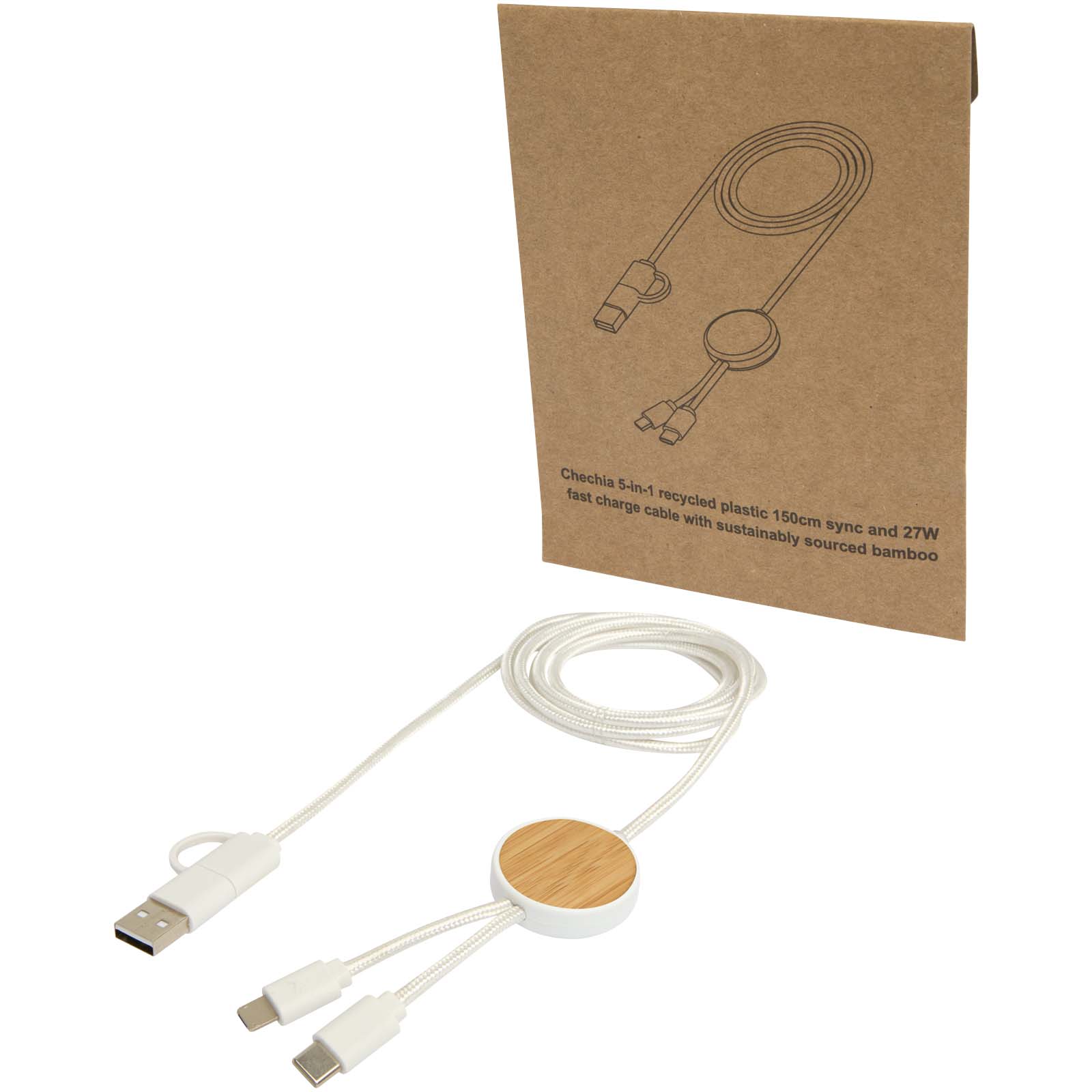 Chechia 150 cm 5-in-1 Kabel aus recyceltem Kunststoff für Datenübertragung und 27W Schnellladung mit Bambusdetails 3 Chechia 150 cm 5-in-1 Kabel aus recyceltem Kunststoff für Datenübertragung und 27W Schnellladung mit Bambusdetails