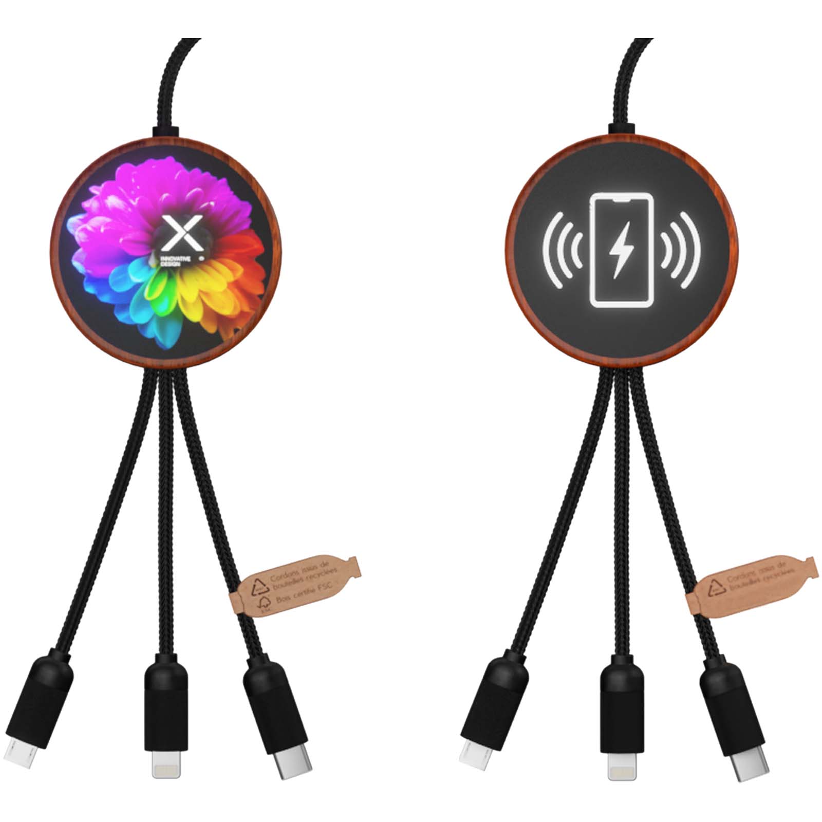 SCX.design C40 5-in-1 Ladekabel aus rPET mit 10W Ladepad und Leuchtlogo holz 3 SCX.design C40 5-in-1 Ladekabel aus rPET mit 10W Ladepad und Leuchtlogo